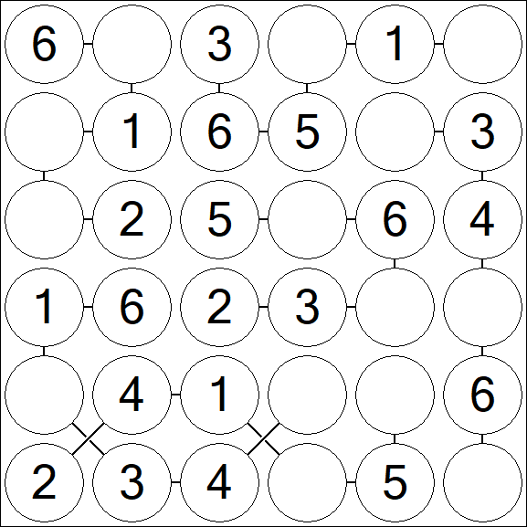 Chain Sudoku 6x6 - Easy