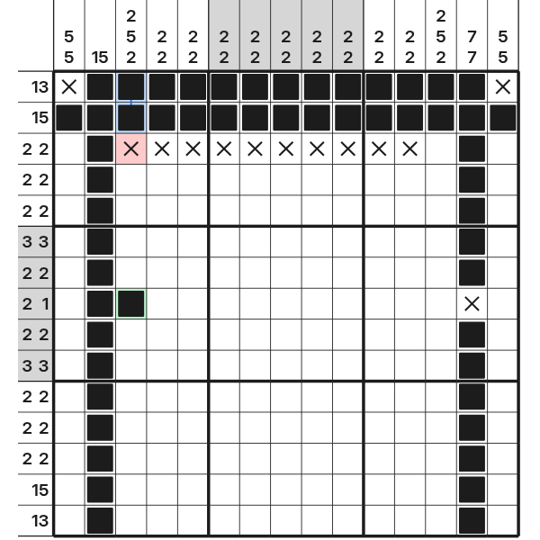 A completed first block reduces the remaining column clues