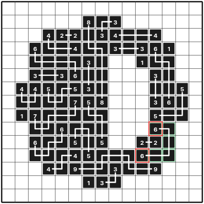 The last pair follows the only remaining six-cell route