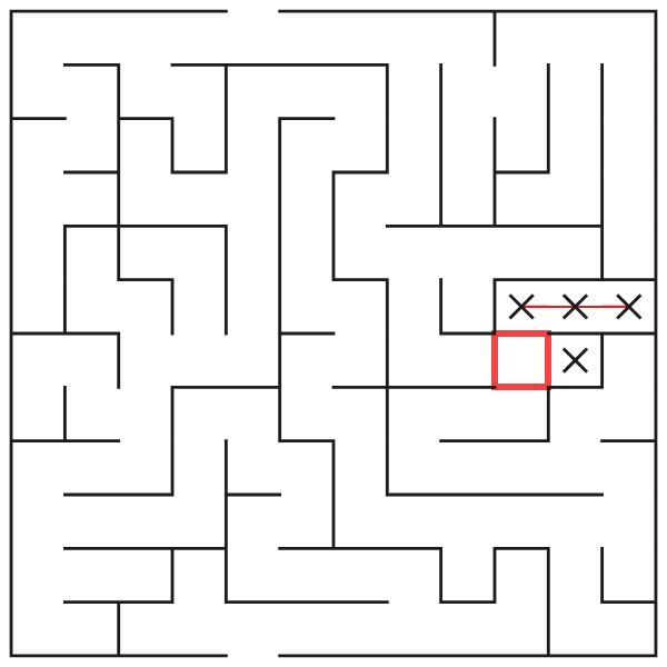 A straight false branch is crossed out back to its junction