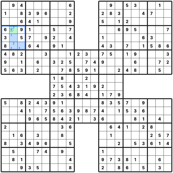 Hidden single in Samurai Sudoku