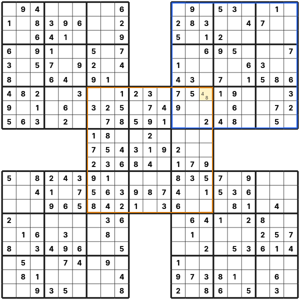 Intersecting candidates in a shared Samurai Sudoku cell