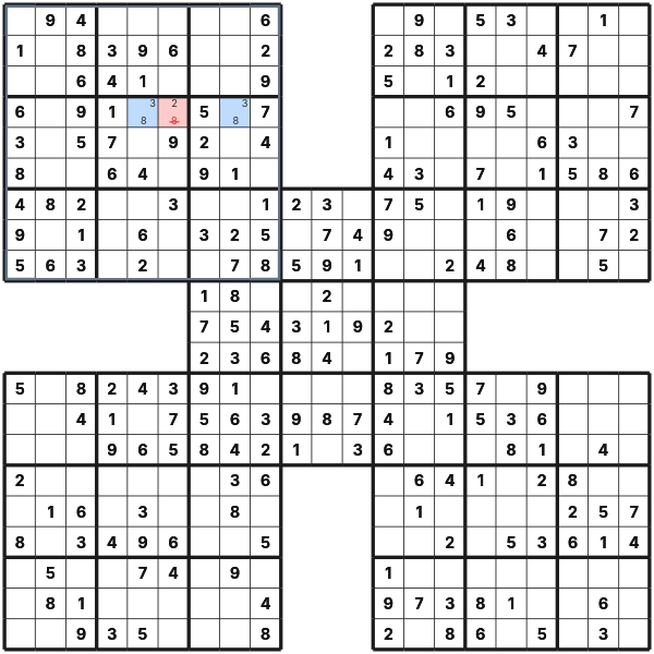 Naked pair in Samurai Sudoku