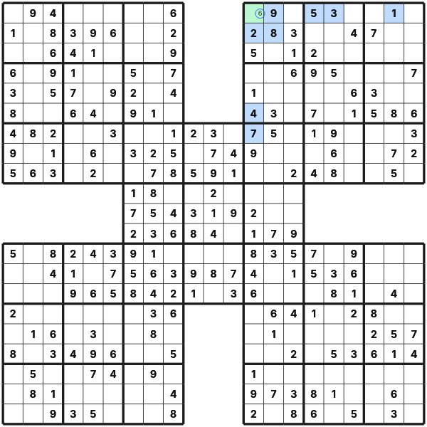 Single candidate in Samurai Sudoku