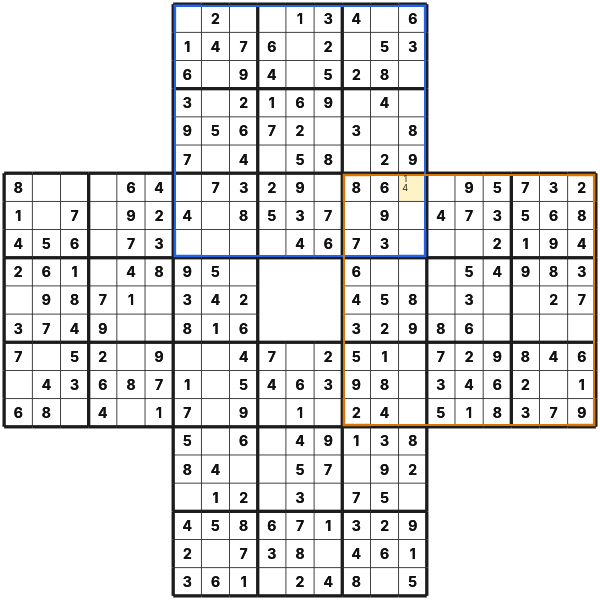 Intersecting candidates in a shared Sohei Sudoku cell