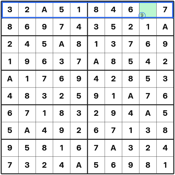 Only symbol 9 is missing from the first row