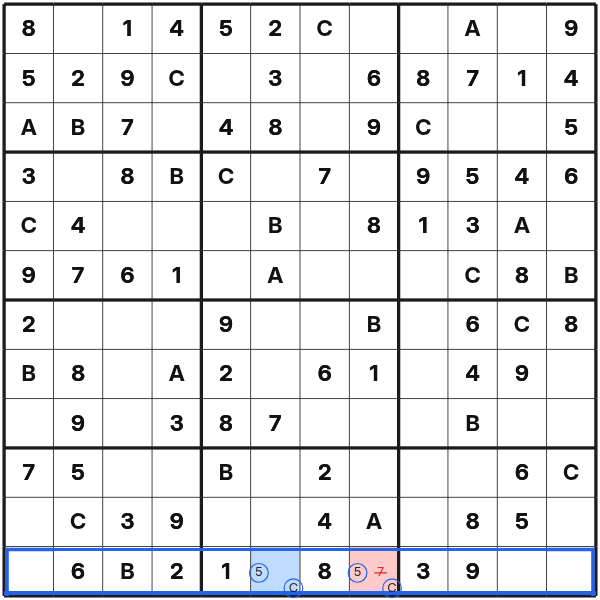 A hidden pair with 5 and C removes extra candidates