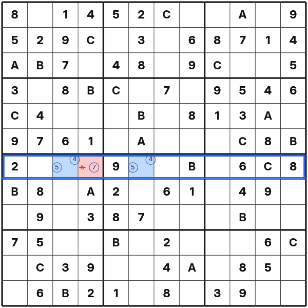 A naked pair removes reserved symbols from another cell