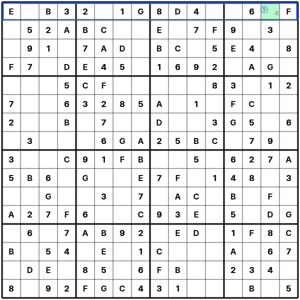 Symbol 5 has one position in zeile 1