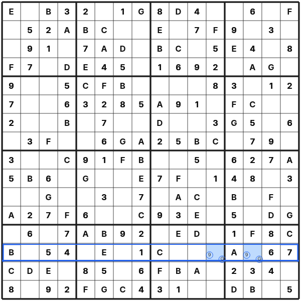 Two cells form a naked pair with 9 and G