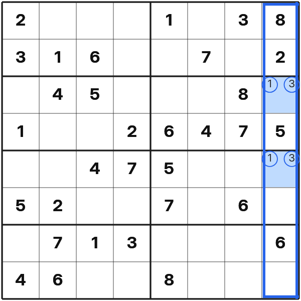 Two cells form a naked pair with 1 and 3