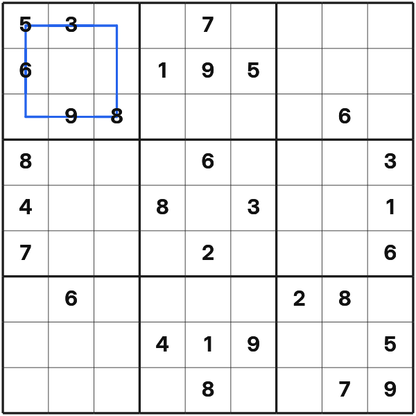 Sudoku grid with a highlighted 3x3 box