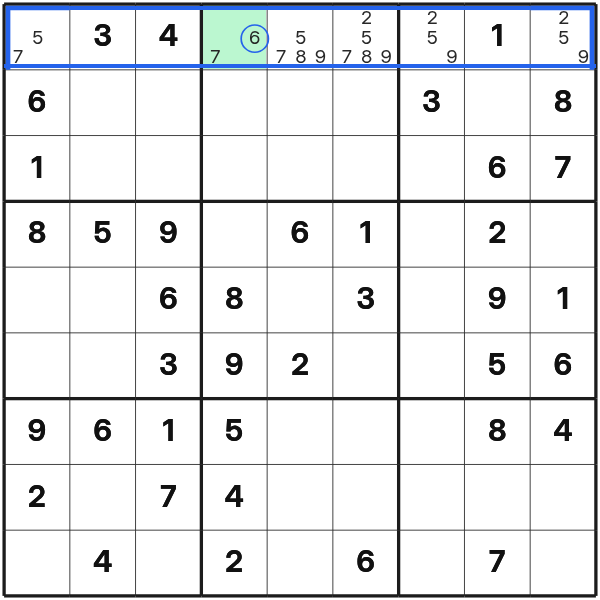 Digit six has only one possible position in the first row